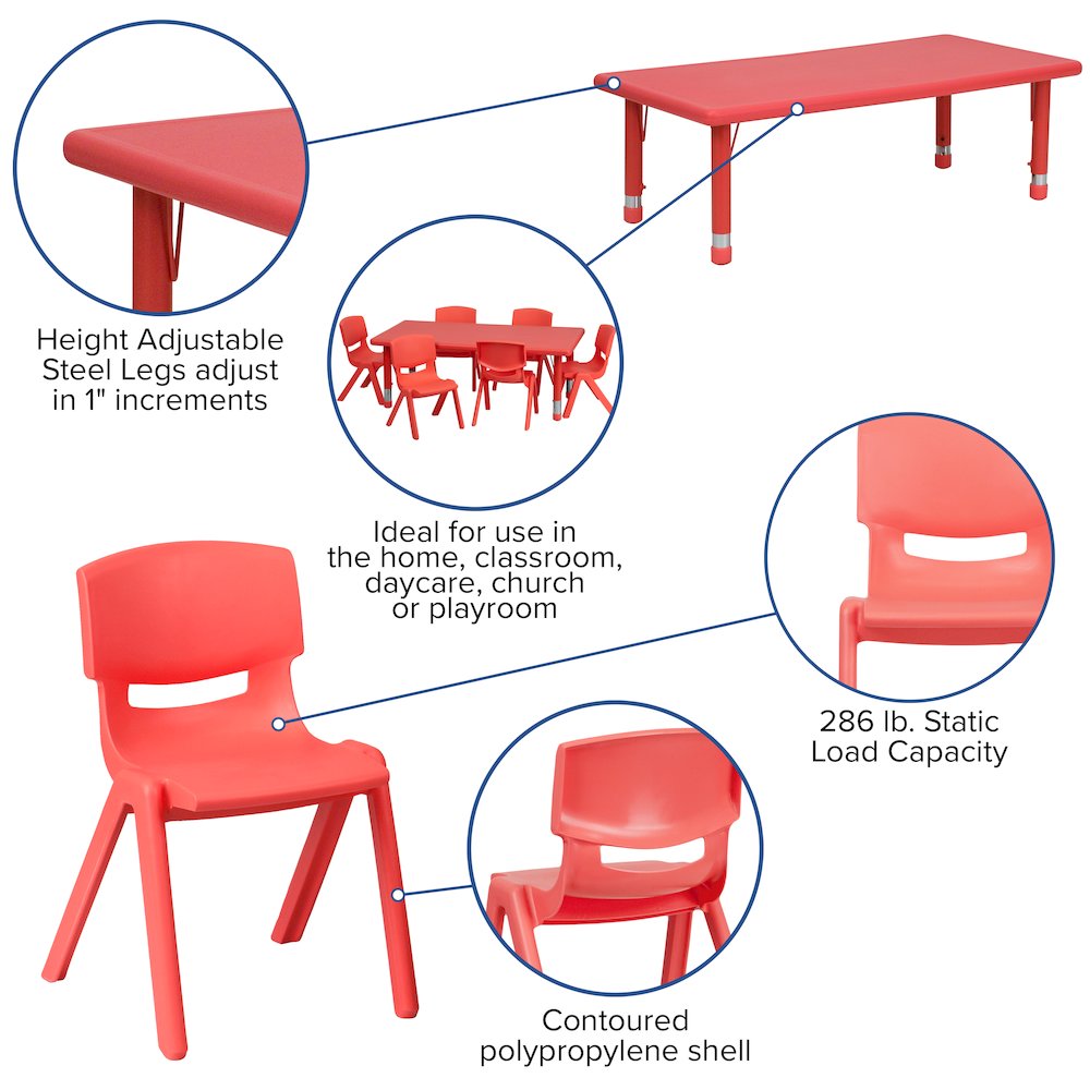 24''W x 48''L Red Plastic Height Adjustable Activity Table Set with 6 Chairs