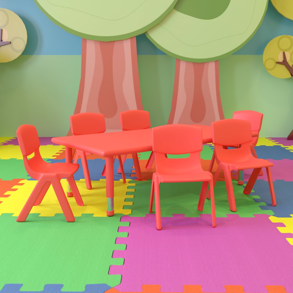 24''W x 48''L Red Plastic Height Adjustable Activity Table Set with 6 Chairs