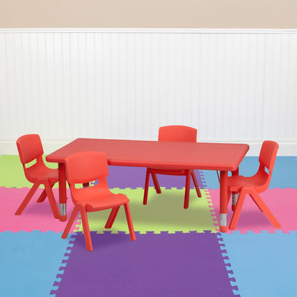 24''W x 48''L Red Plastic Height Adjustable Activity Table Set with 4 Chairs