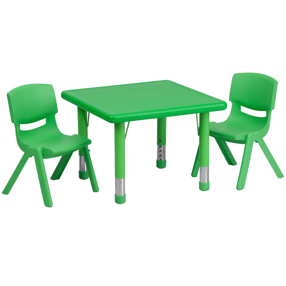 24'' Square Green Plastic Height Adjustable Activity Table Set with 2 Chairs Green Plastic