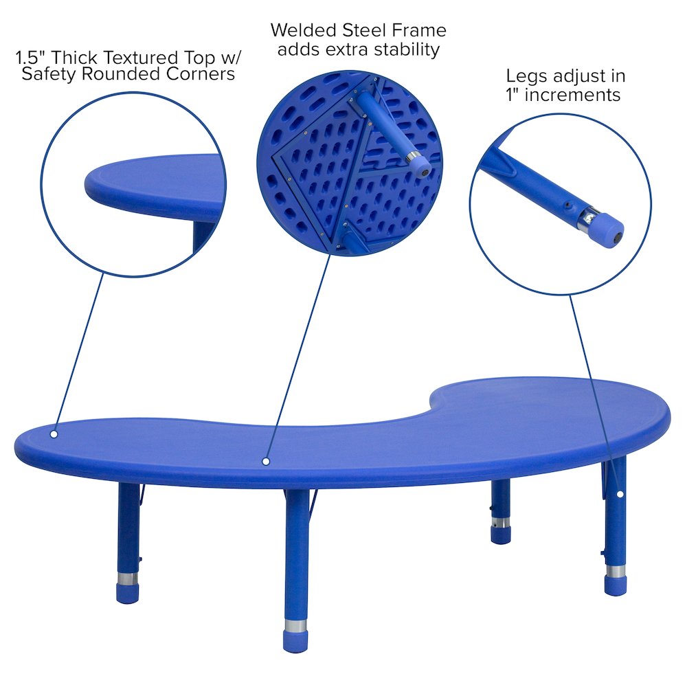 35''W x 65''L Half-Moon Blue Plastic Height Adjustable Activity Table