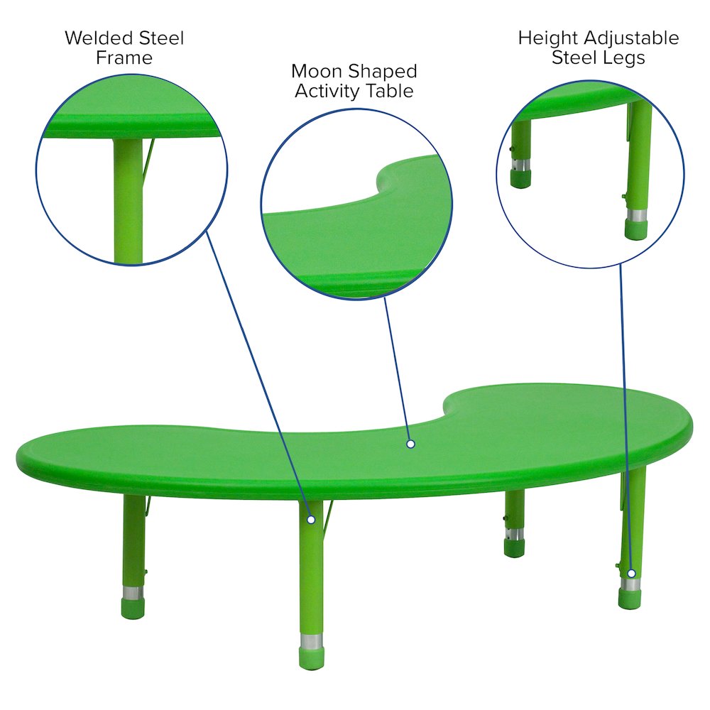 35''W x 65''L Half-Moon Green Plastic Height Adjustable Activity Table
