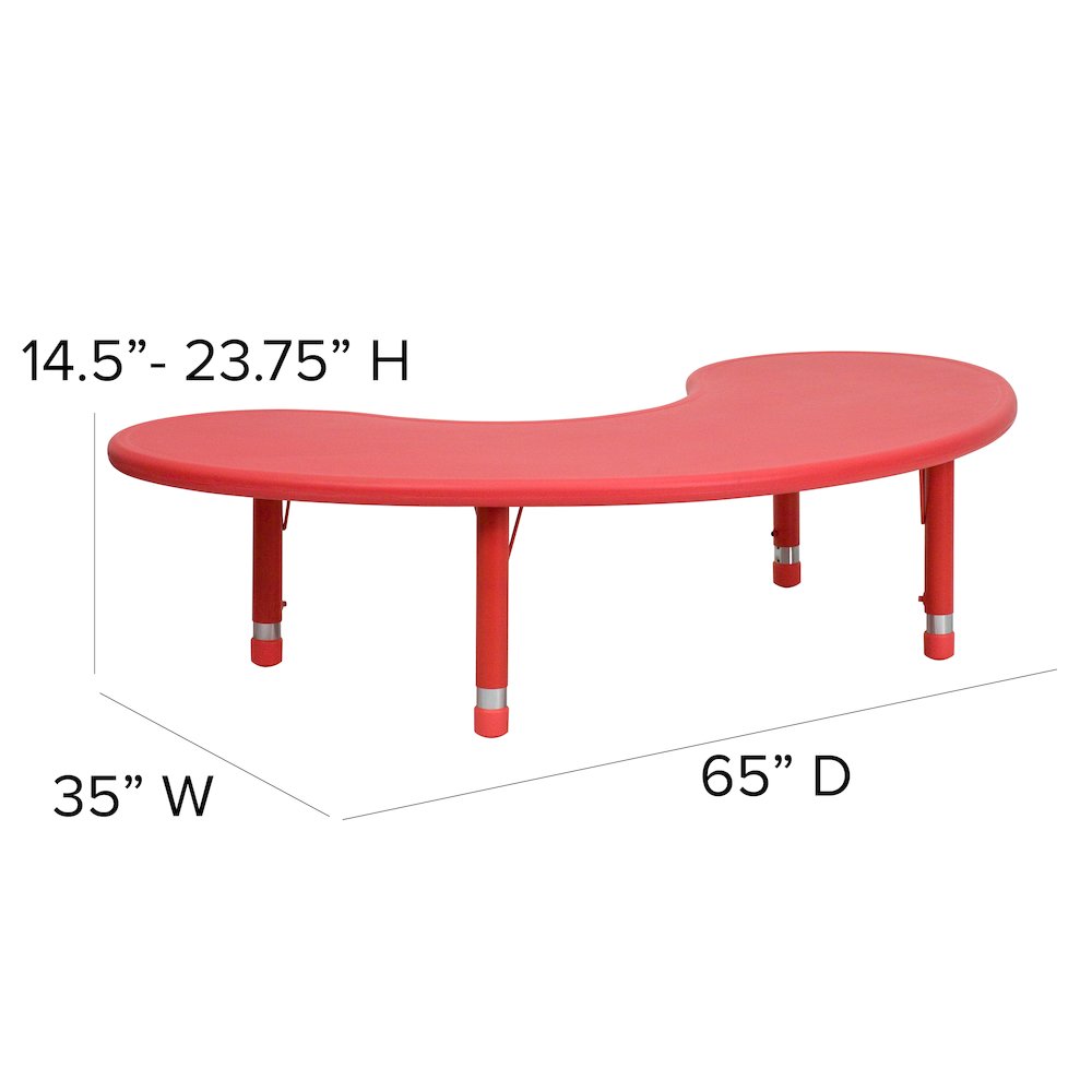 35''W x 65''L Half-Moon Red Plastic Height Adjustable Activity Table