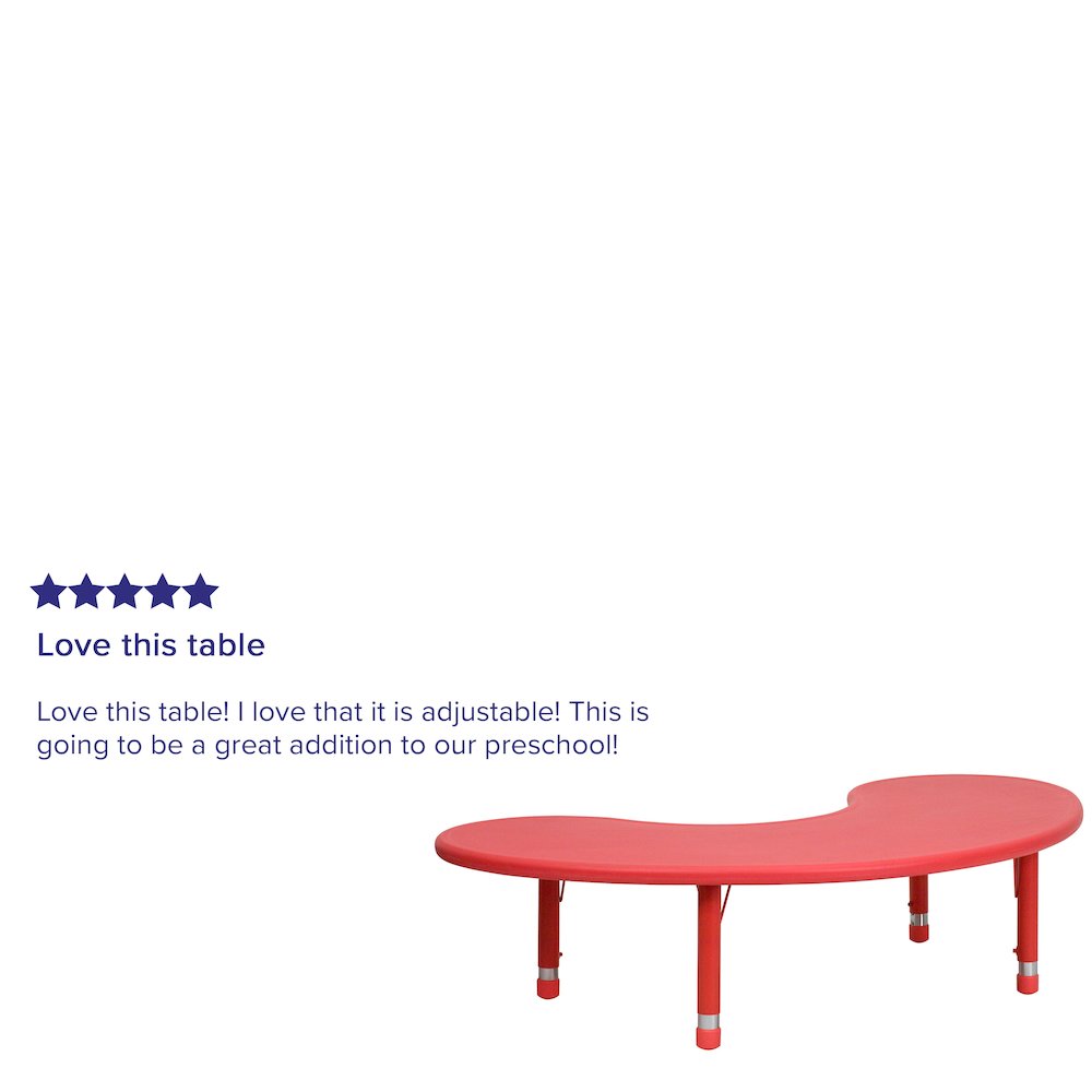 35''W x 65''L Half-Moon Red Plastic Height Adjustable Activity Table