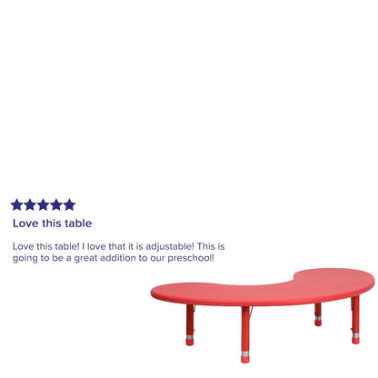 35''W x 65''L Half-Moon Red Plastic Height Adjustable Activity Table