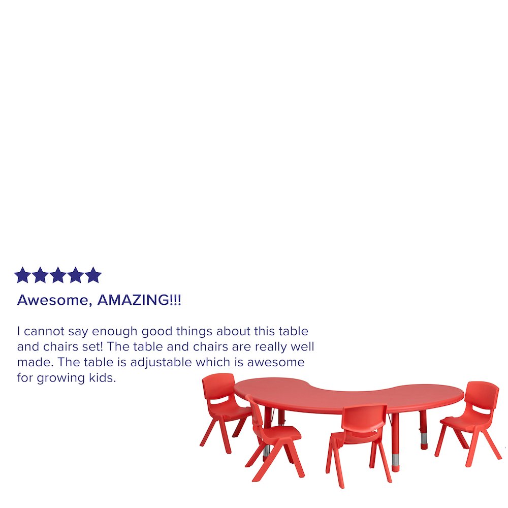 35''W x 65''L Half-Moon Red Plastic Height Activity Table Set with 4 Chairs