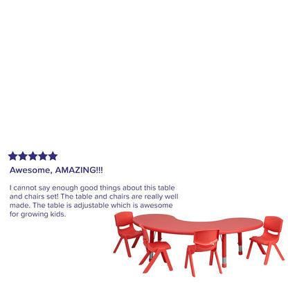 35''W x 65''L Half-Moon Red Plastic Height Adjustable Activity Table Set with 4 Chairs