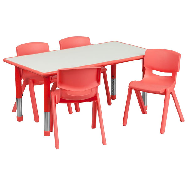 23.625''W x 47.25''L Red Plastic Height Activity Table Set with 4 Chairs