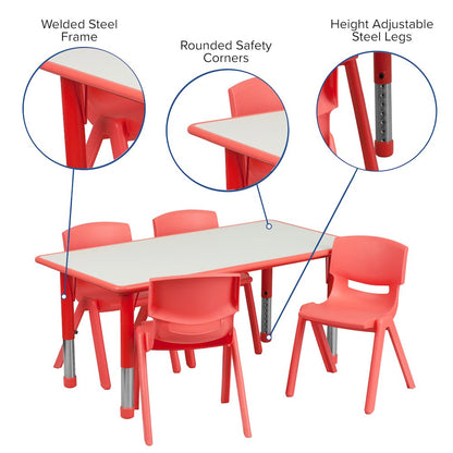 23.625''W x 47.25''L Red Plastic Height Activity Table Set with 4 Chairs