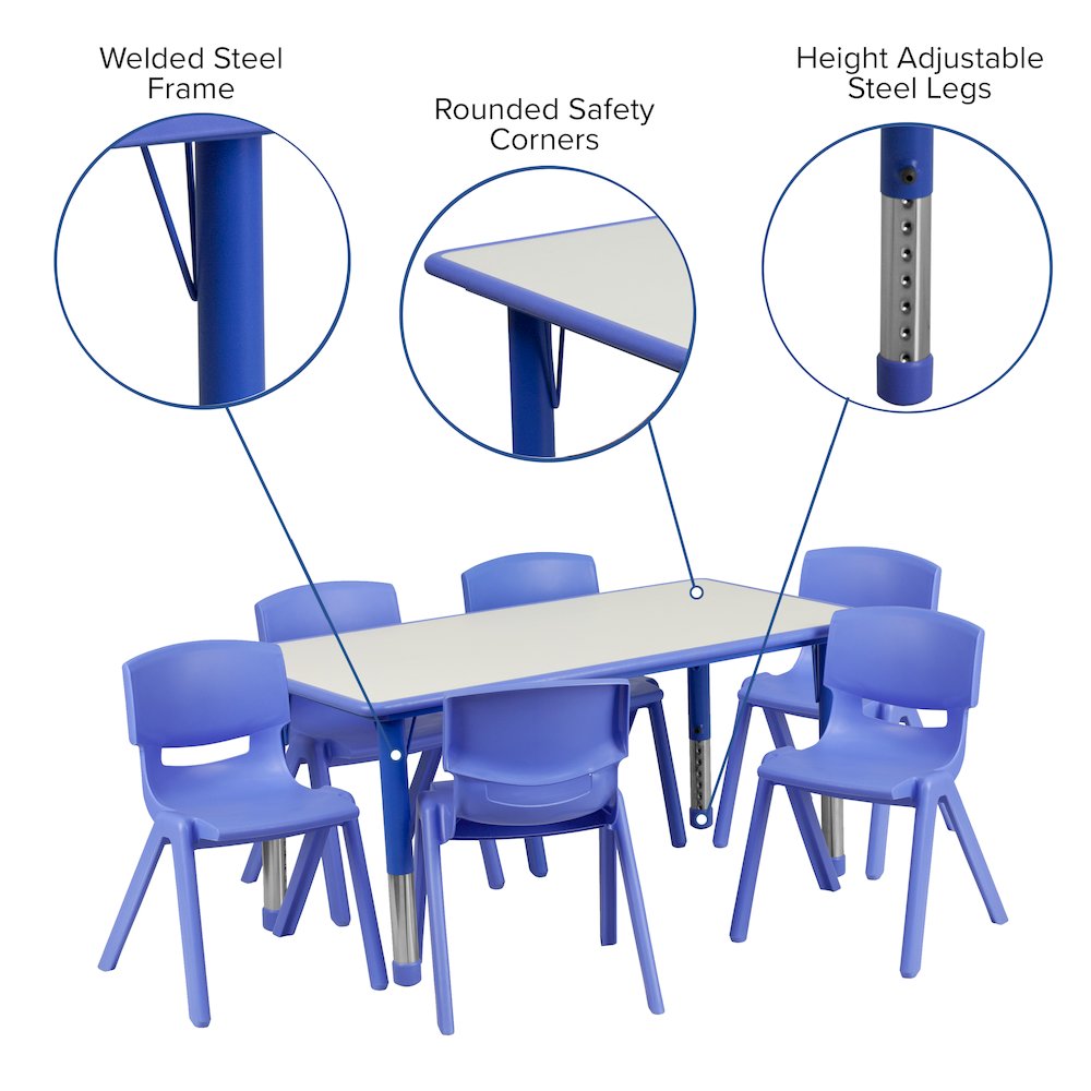23.625''W x 47.25''L Blue Plastic Height Activity Table Set with 6 Chairs