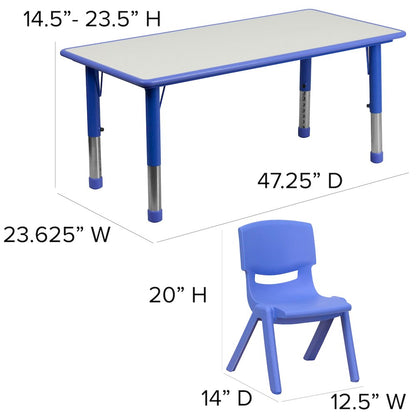 23.625''W x 47.25''L Blue Plastic Height Activity Table Set with 6 Chairs