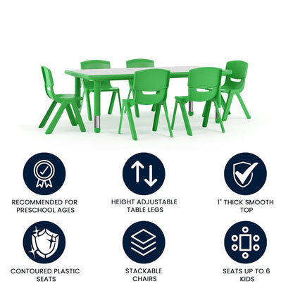 23.625''W x 47.25''L Green Plastic Height Activity Table Set with 6 Chairs