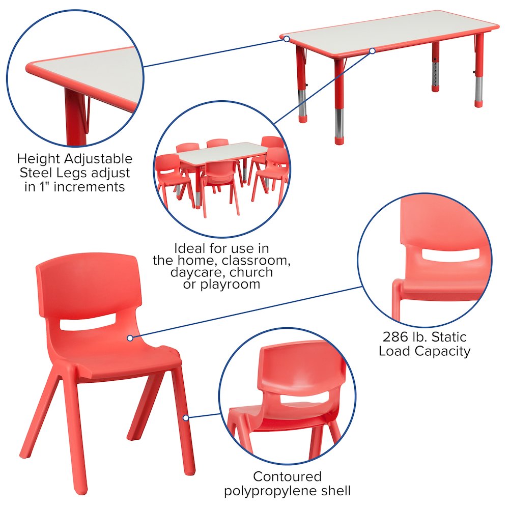 23.625''W x 47.25''L Red Plastic Height Activity Table Set with 6 Chairs