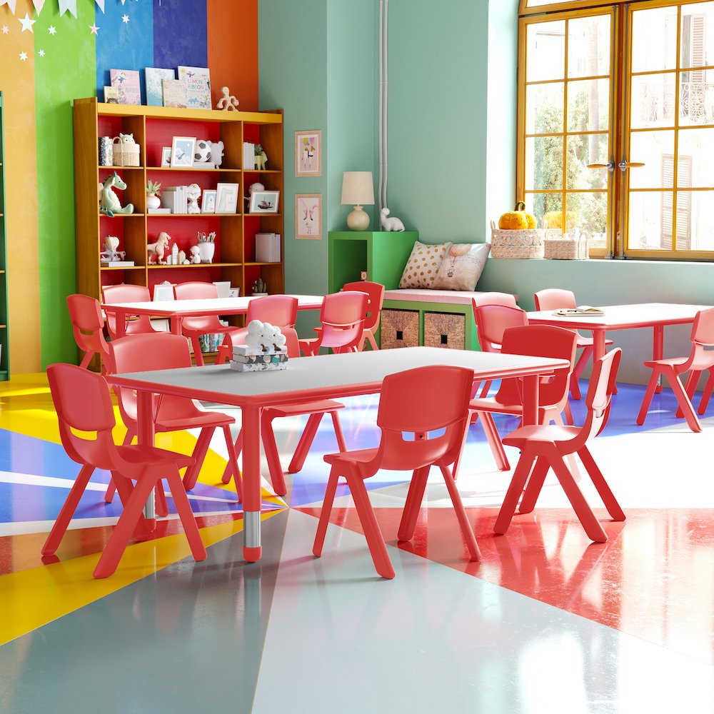 23.625''W x 47.25''L Red Plastic Height Activity Table Set with 6 Chairs
