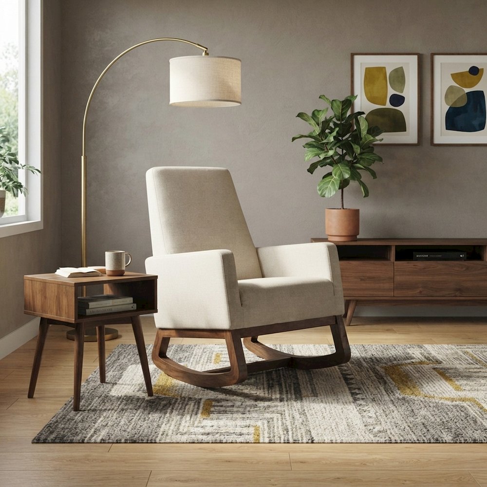 Furnifact Fabric-Upholstered Rocking Chair with High Back, Light Beige