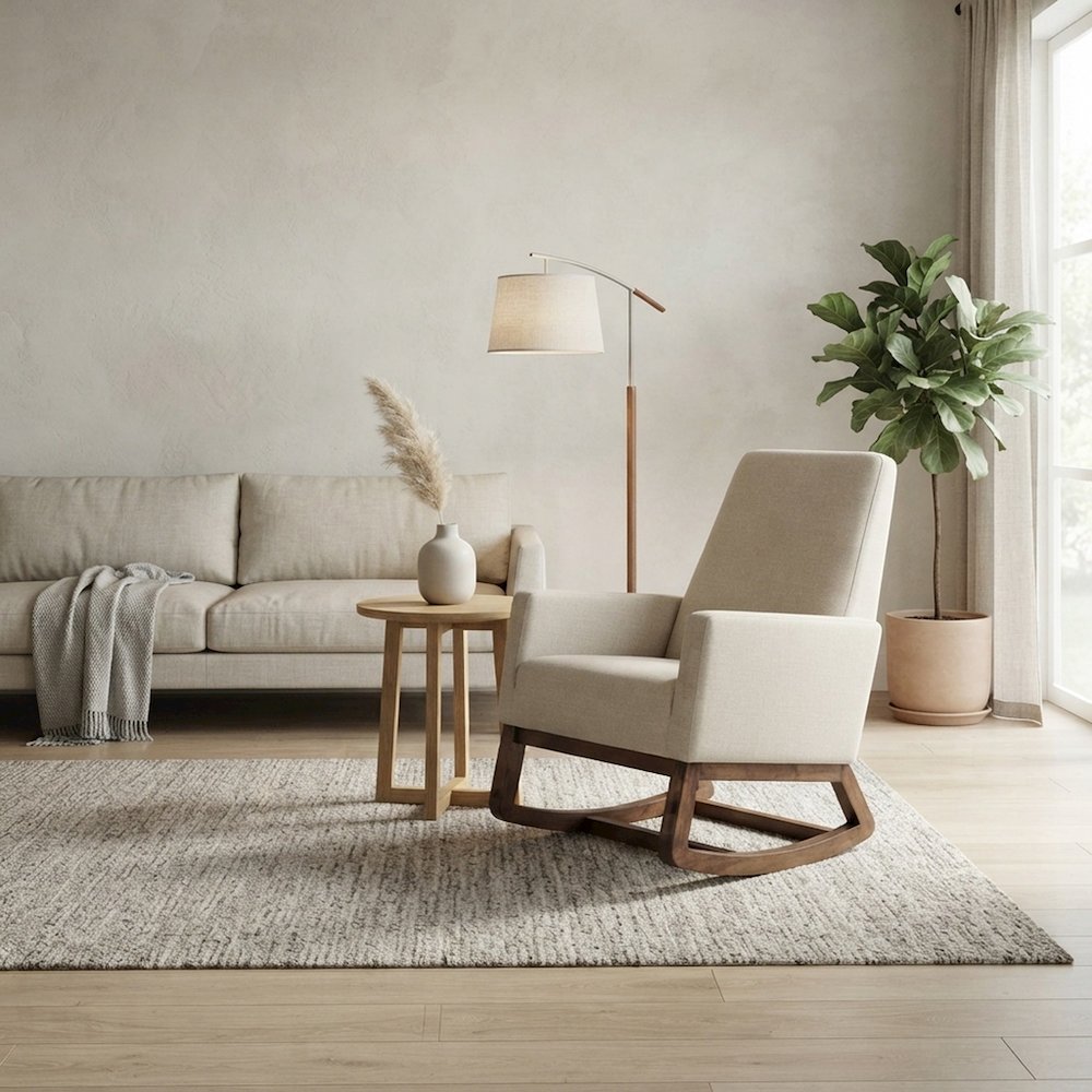 Furnifact Fabric-Upholstered Rocking Chair with High Back, Light Beige