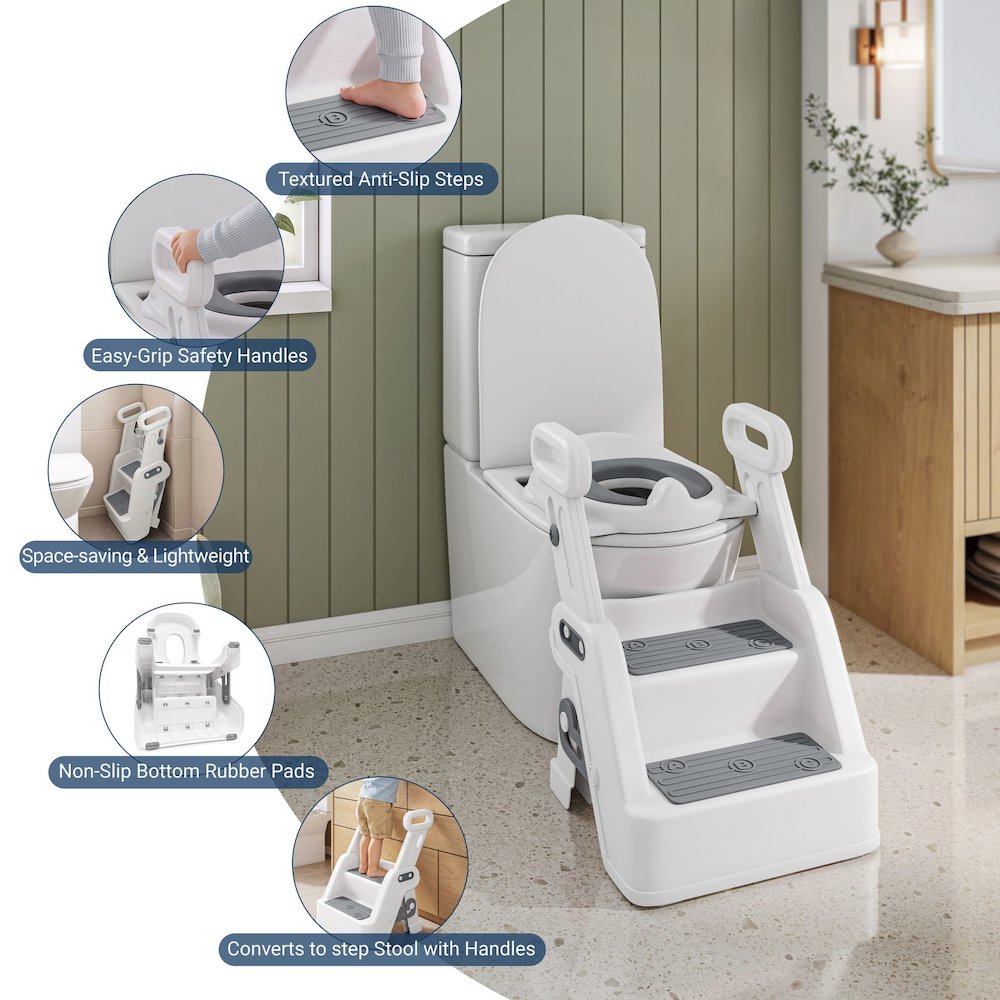 Toddler Potty Training Seat with Step Stool Ladder and Handles, Grey