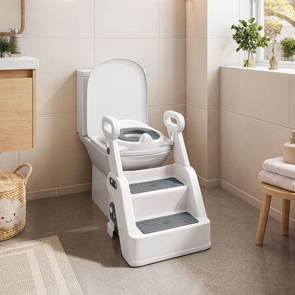 Toddler Potty Training Seat with Step Stool Ladder and Handles, Grey