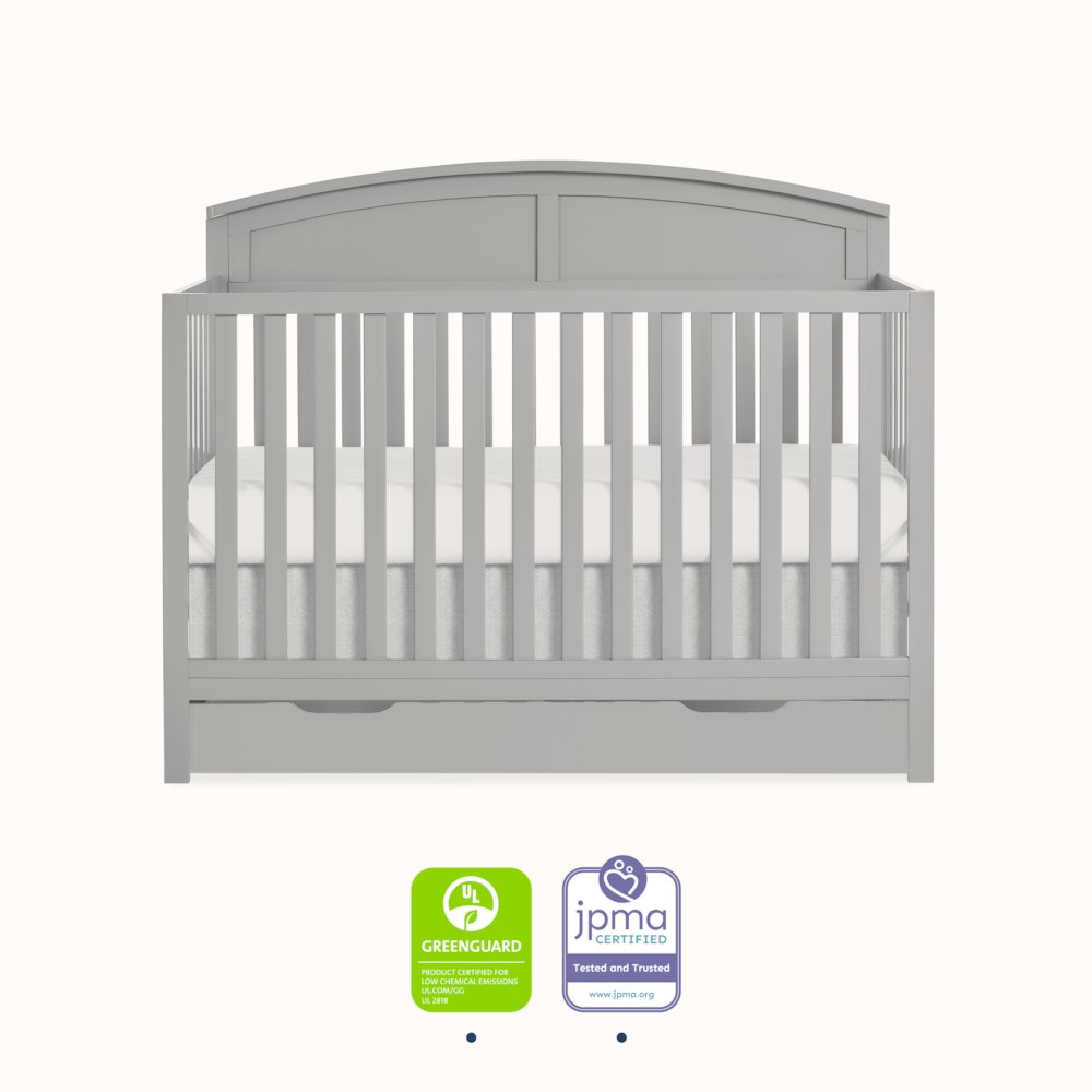 JPMA & Greenguard Gold Certified Dream On Me Storybrooke 5 in 1 Convertible Crib, Peblle Grey, With Storage