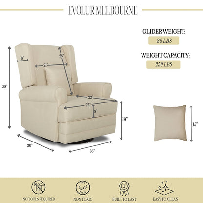 Evolur Melbourne Wing Back Swivel Glider I Nursery Glider I Durable Soft Fabric I Bonus Pillow, 616-SHELL