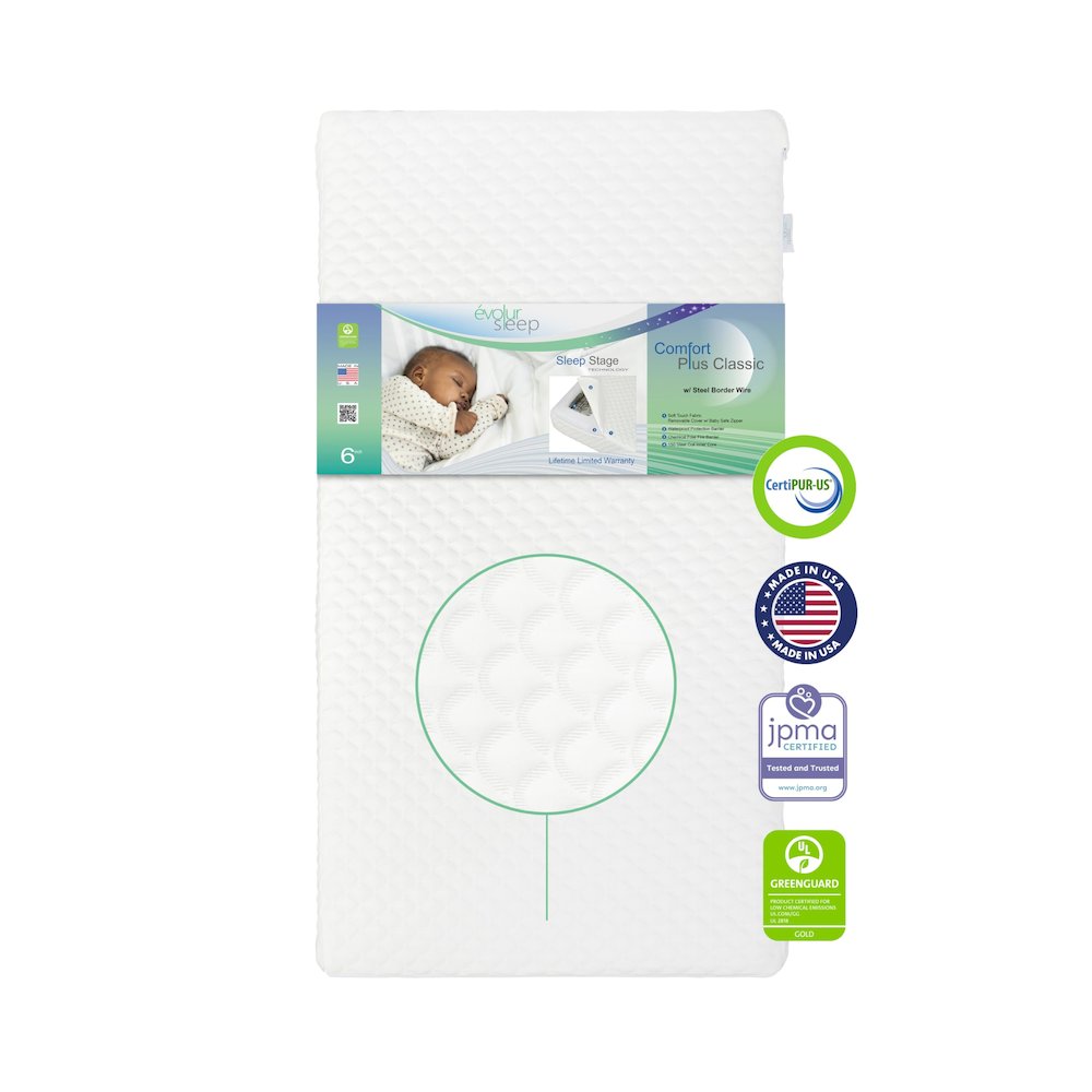 Evolur Sleep, Comfort Plus Classic 150 Coil  Inner Spring Crib And Toddler Mattress I Waterproof I GreenGuard Gold Certified I Removable Cover