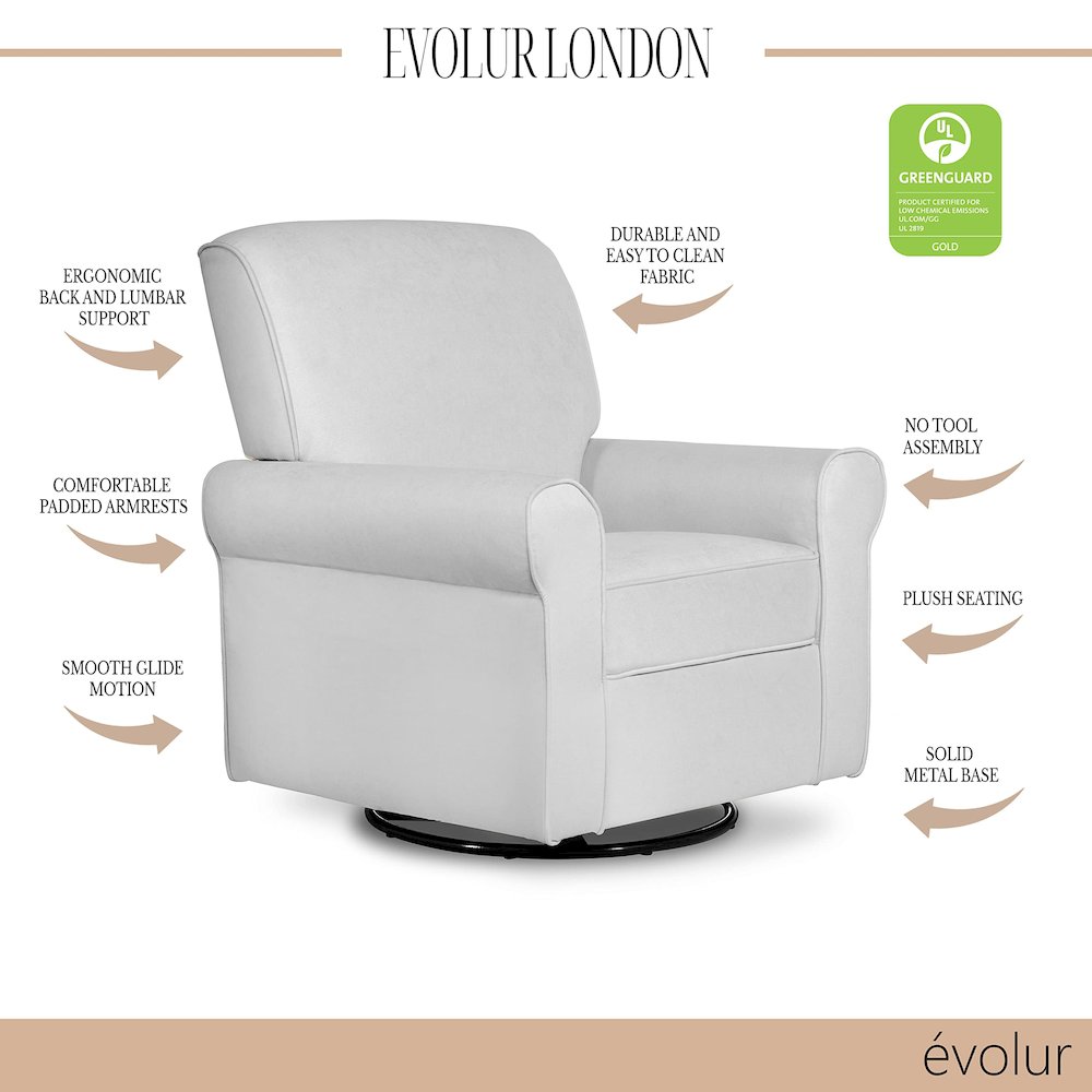 Evolur London Upholstered 360 Swive l Glider I Rocker I Nursery Glider I Durable Soft Fabric, 614-GRY