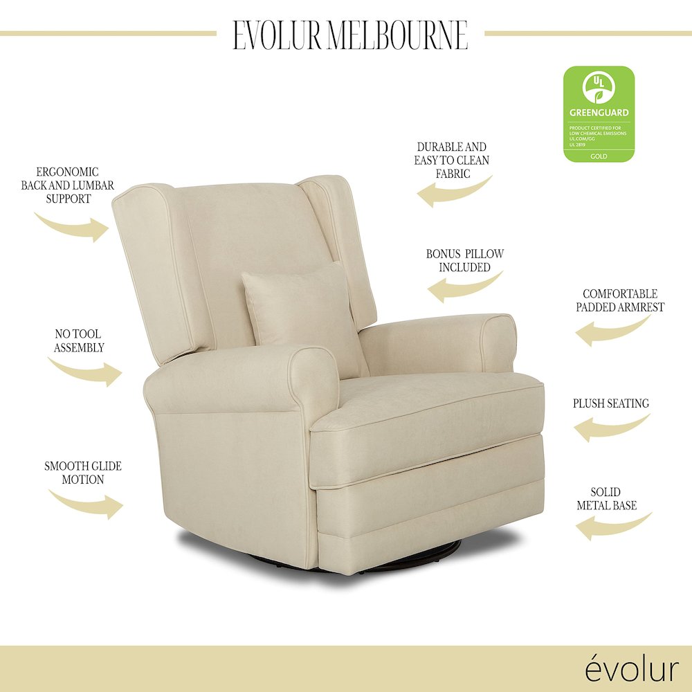 Evolur Melbourne Wing Back Swivel Glider I Nursery Glider I Durable Soft Fabric I Bonus Pillow, 616-SHELL