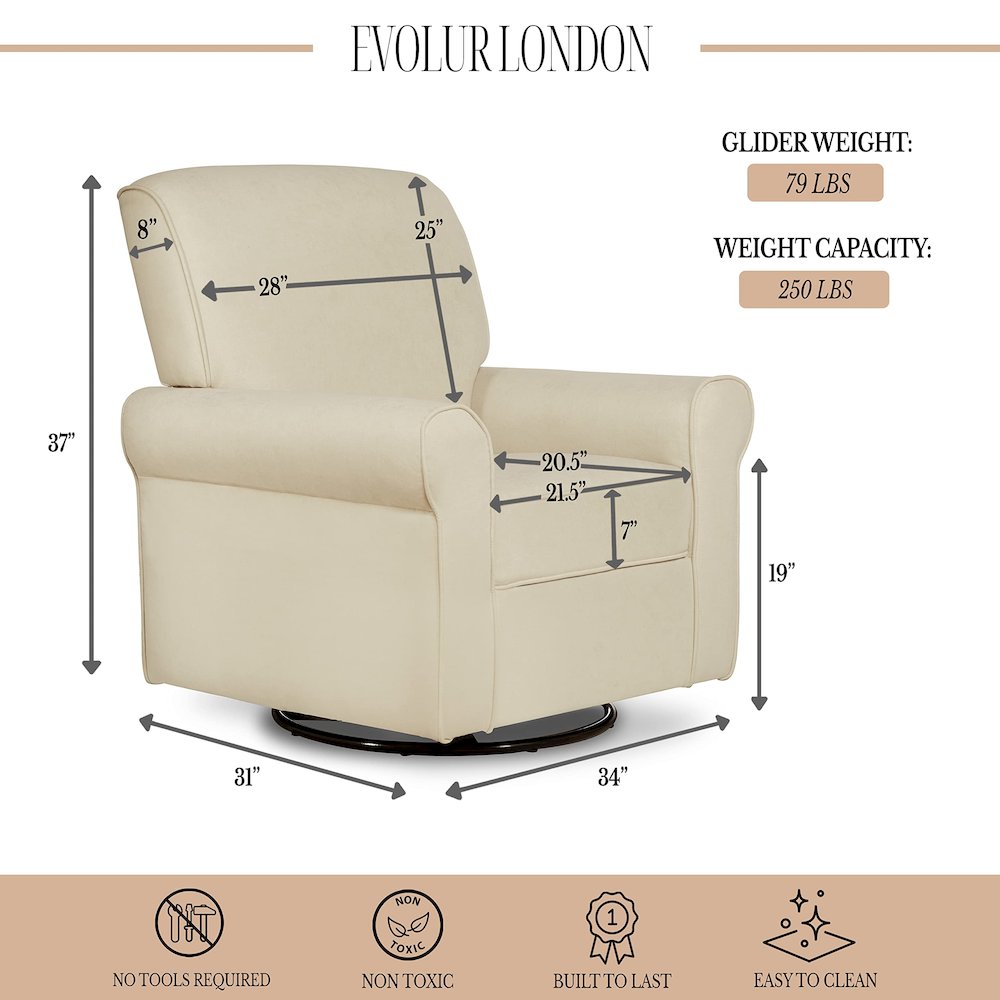 Evolur London Upholstered 360 Swive l Glider I Rocker I Nursery Glider I Durable Soft Fabric, 614-SHELL