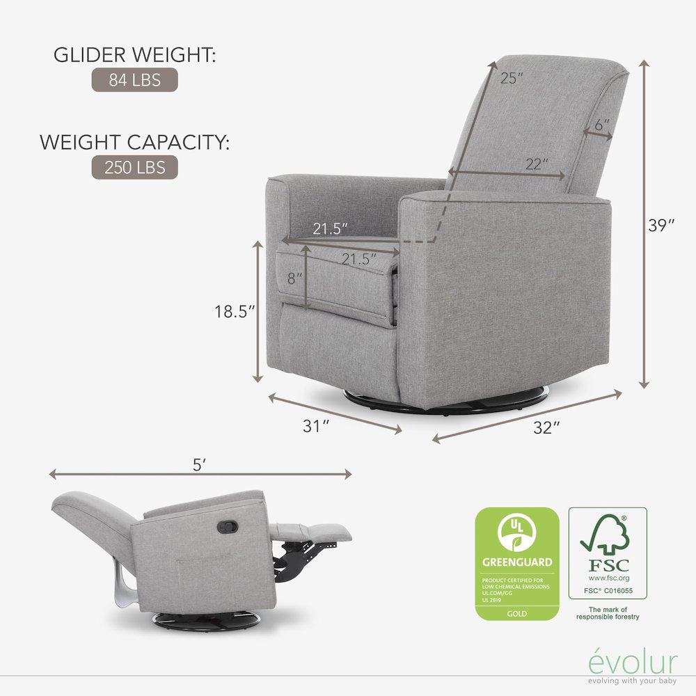 Evolur Raleigh Basic Glider |Recliner| Rocker, 610-LTGRY
