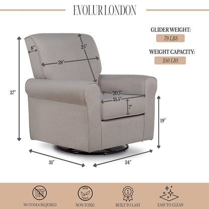 Evolur London Upholstered 360 Swive l Glider I Rocker I Nursery Glider I Durable Soft Fabric, 614-FOSSIL