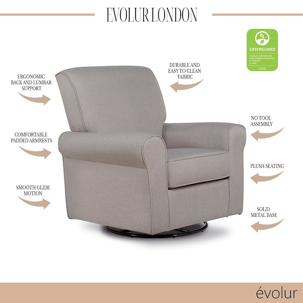 Evolur London Upholstered 360 Swive l Glider I Rocker I Nursery Glider I Durable Soft Fabric, 614-FOSSIL