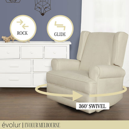 Evolur Melbourne Wing Back Swivel Glider I Nursery Glider I Durable Soft Fabric I Bonus Pillow, 616-SHELL