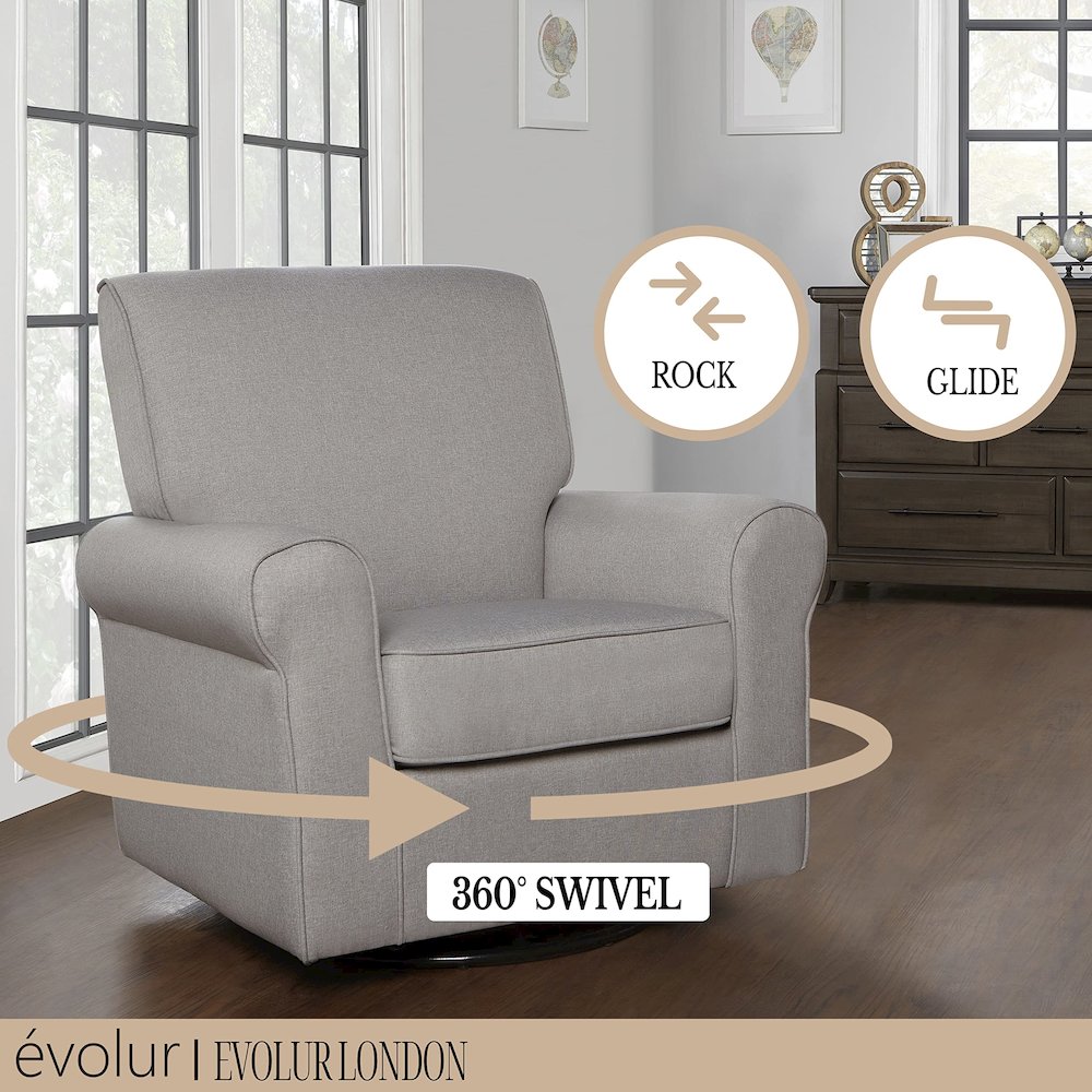 Evolur London Upholstered 360 Swive l Glider I Rocker I Nursery Glider I Durable Soft Fabric, 614-FOSSIL