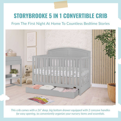 JPMA & Greenguard Gold Certified Dream On Me Storybrooke 5 in 1 Convertible Crib, Peblle Grey, With Storage
