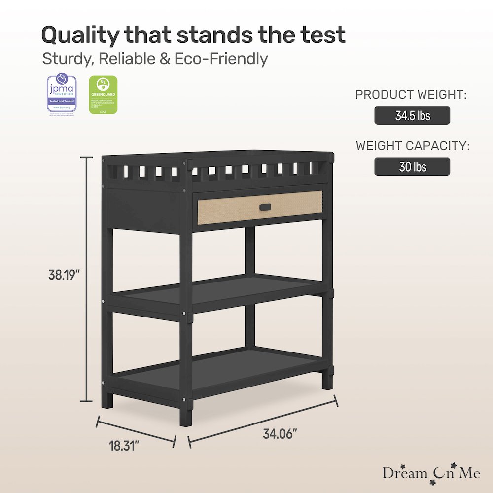 Dream On Me Doula Changing Table in Matte Black, JPMA certified
