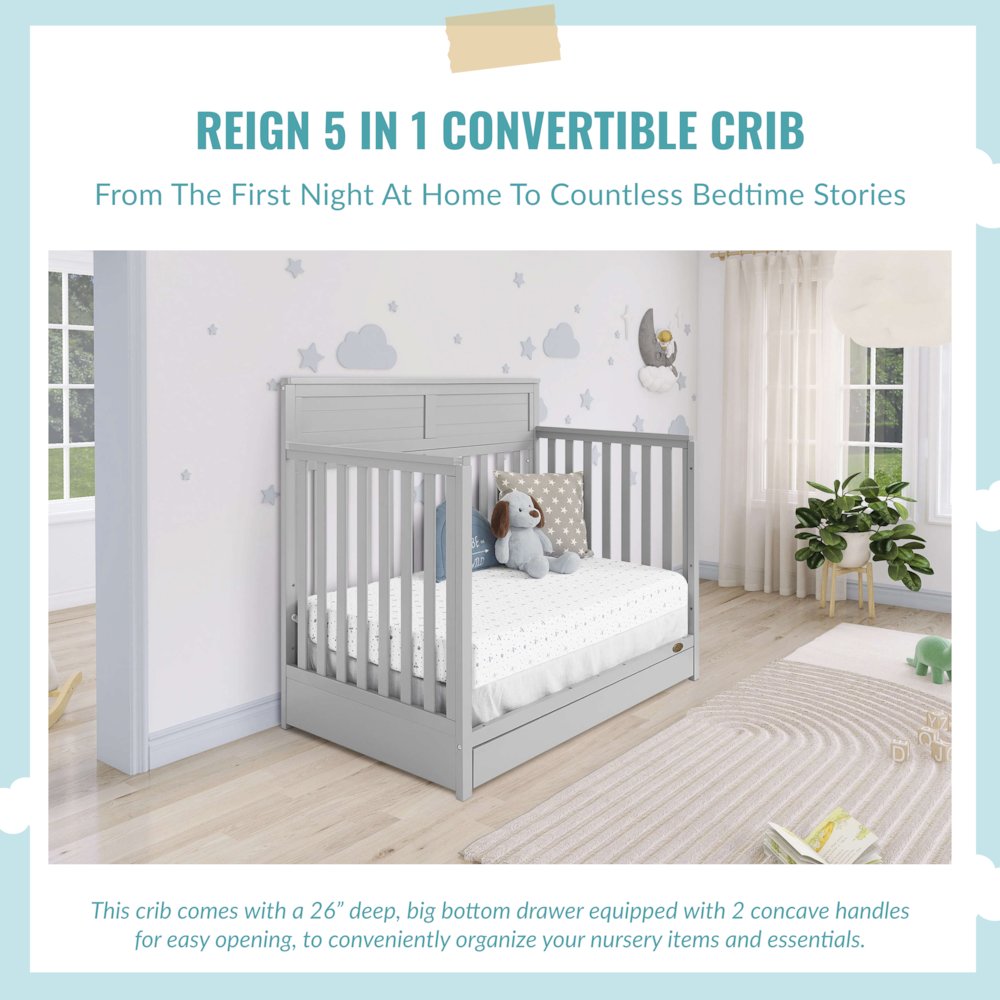 JPMA & Greenguard Gold Certified Dream On Me Reign 5 in 1 Convertible Crib, Pebble Grey
