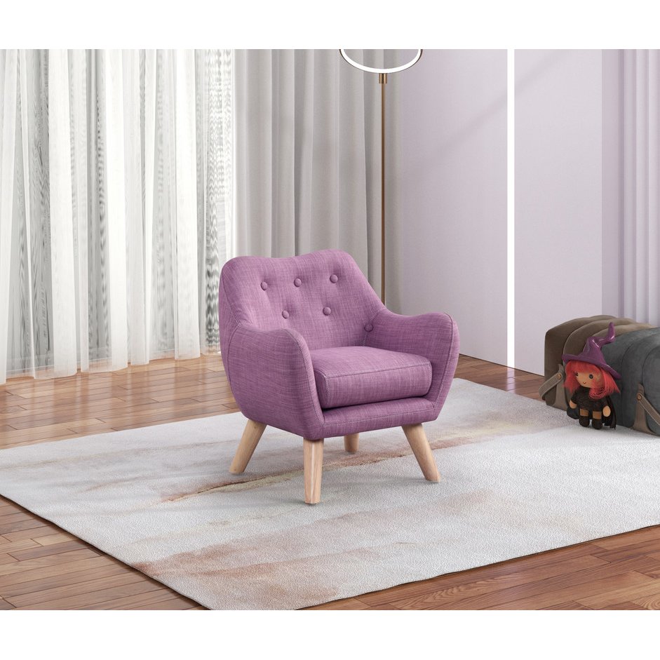 Fenix 19.5"W Pink Linen Kids Chair with Button Tufted Back and Wooden Legs