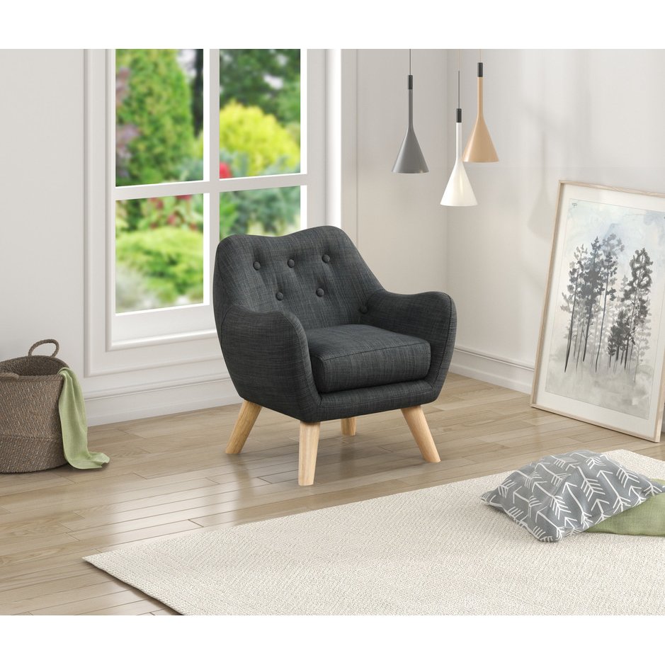 Fenix 19.5"W Gray Linen Kids Chair with Button Tufted Back and Wooden Legs