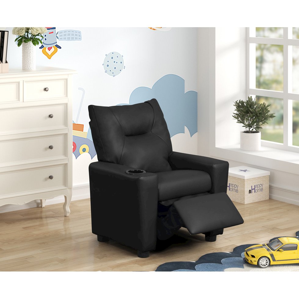 Perline 23"W Black PVC Fabric Kids Recliner Chair with Cupholder