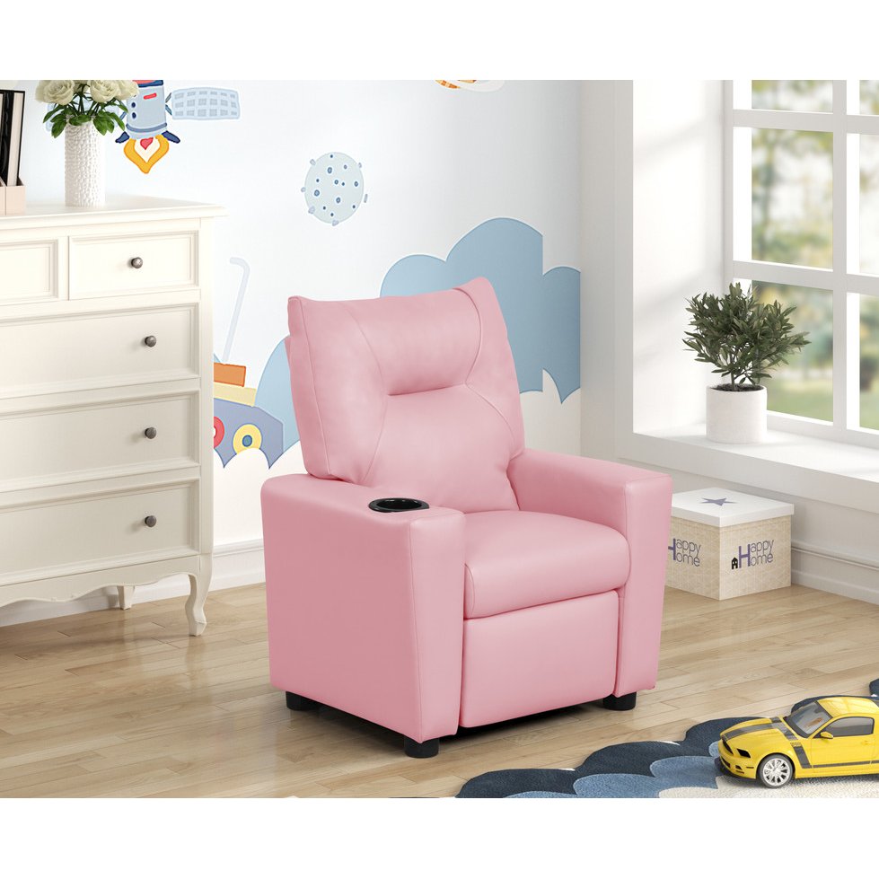 Perline 23"W Pink PVC Fabric Kids Recliner Chair with Cupholder