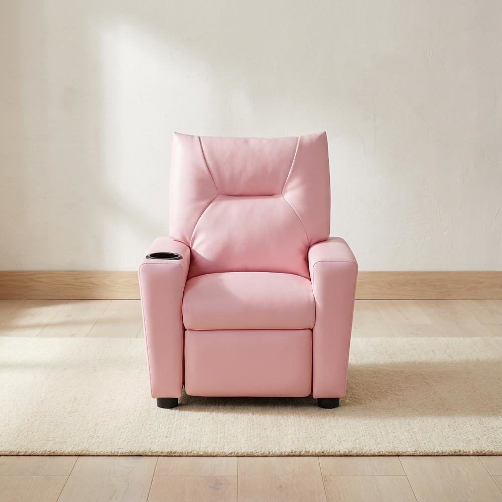 Pink PVC Fabric Kids Recliner Chair with Cupholder and Contemporary Style