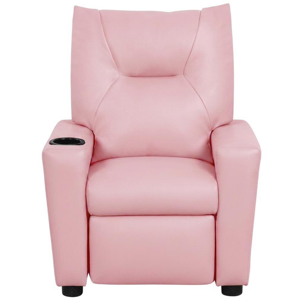 Pink PVC Fabric Kids Recliner Chair with Cupholder and Contemporary Style