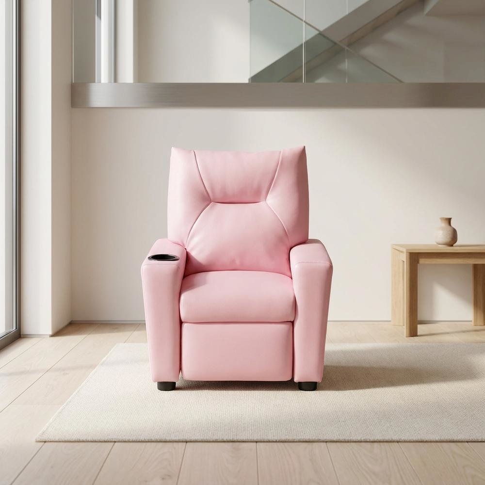 Pink PVC Fabric Kids Recliner Chair with Cupholder and Contemporary Style