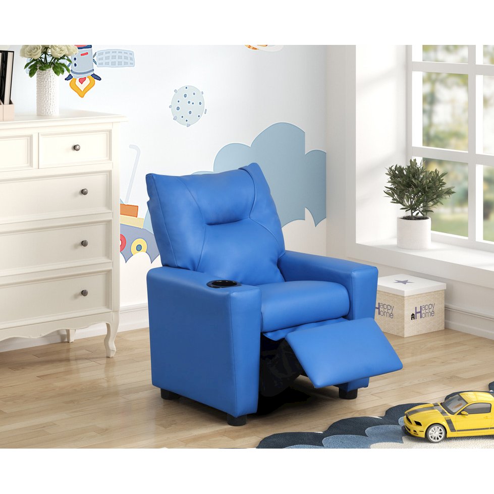 Perline 23"W Blue PVC Fabric Kids Recliner Chair with Cupholder