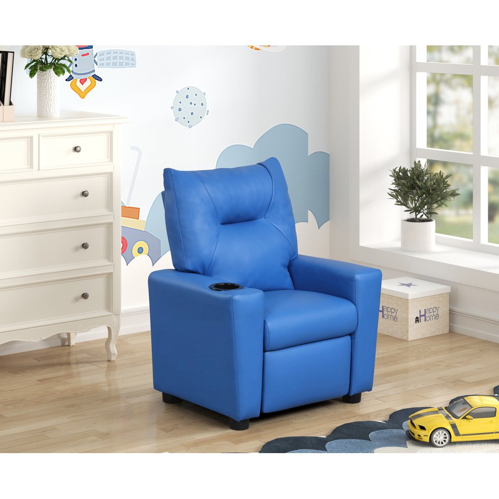 Perline 23"W Blue PVC Fabric Kids Recliner Chair with Cupholder