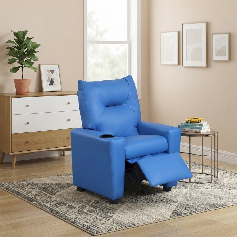 Furnifact Kids Recliner Chair with Cupholder and Foam-Padded Seat, Blue