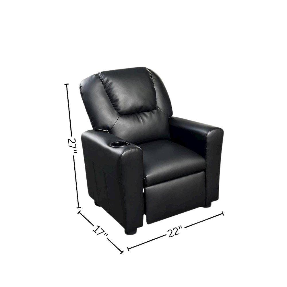Kids Recliner Chair, Black PU Leather, Cupholder
