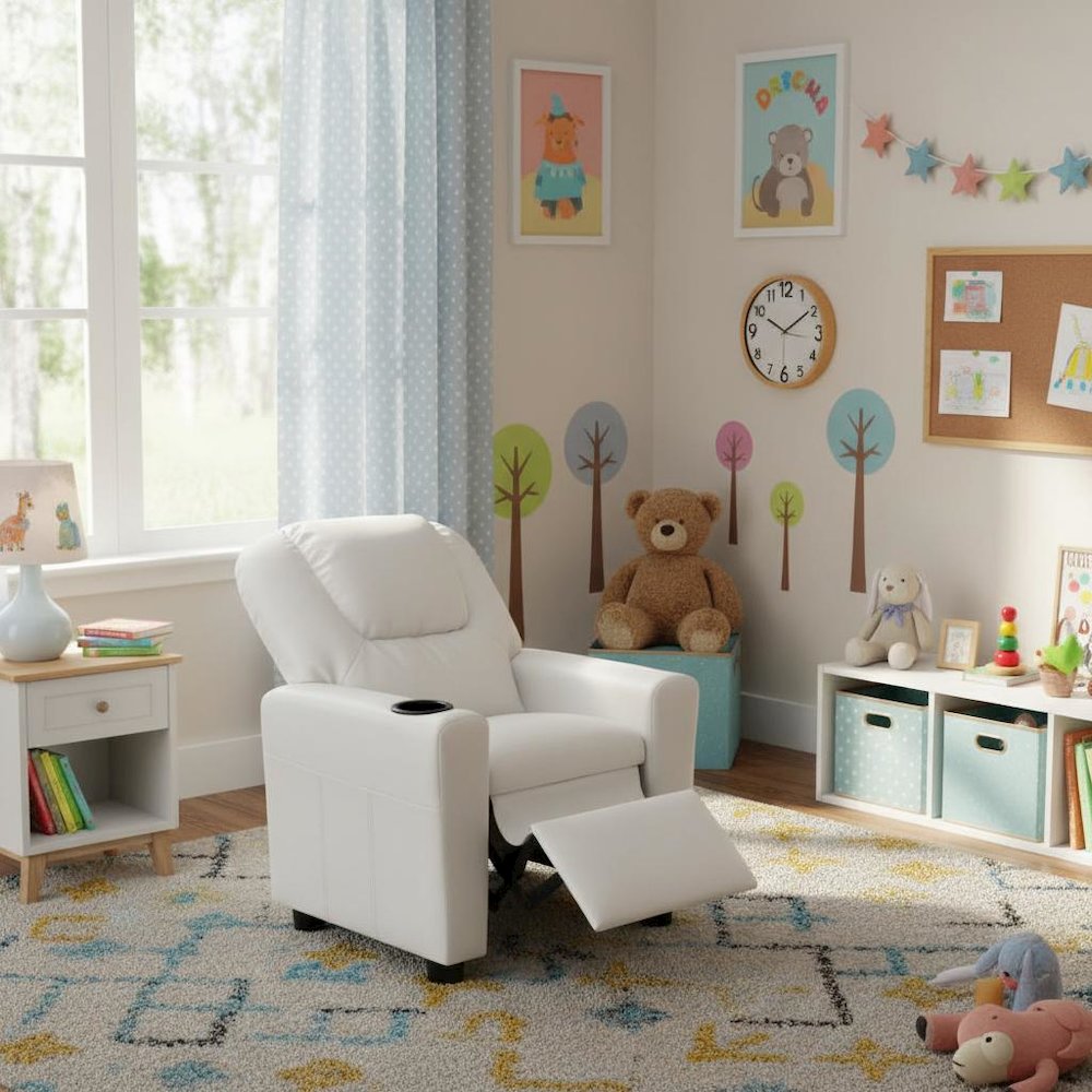 Kids Recliner Chair, White PU Leather, Cupholder