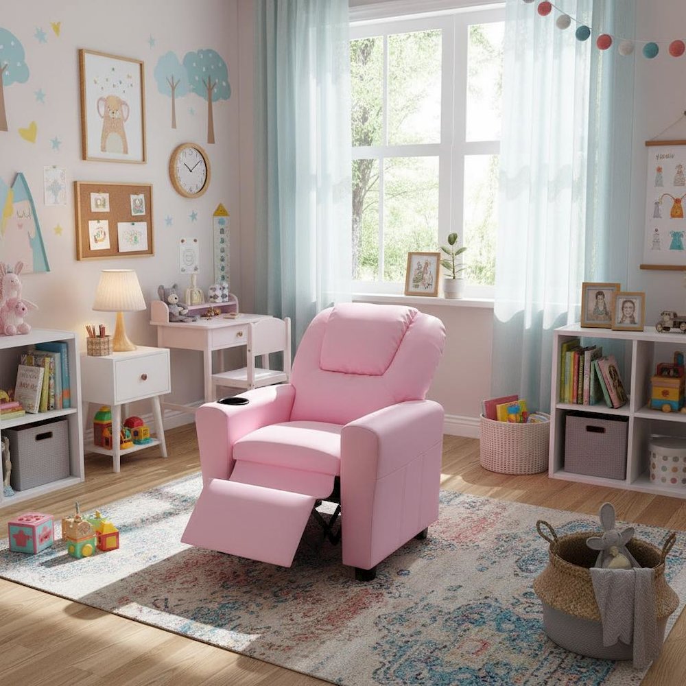 Kids Recliner Chair, Pink PU Leather, Cupholder