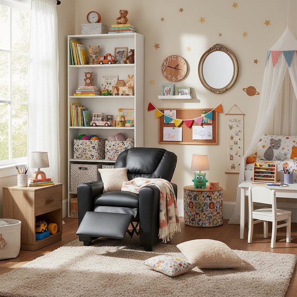 Kids Recliner Chair, Black PU Leather, Cupholder